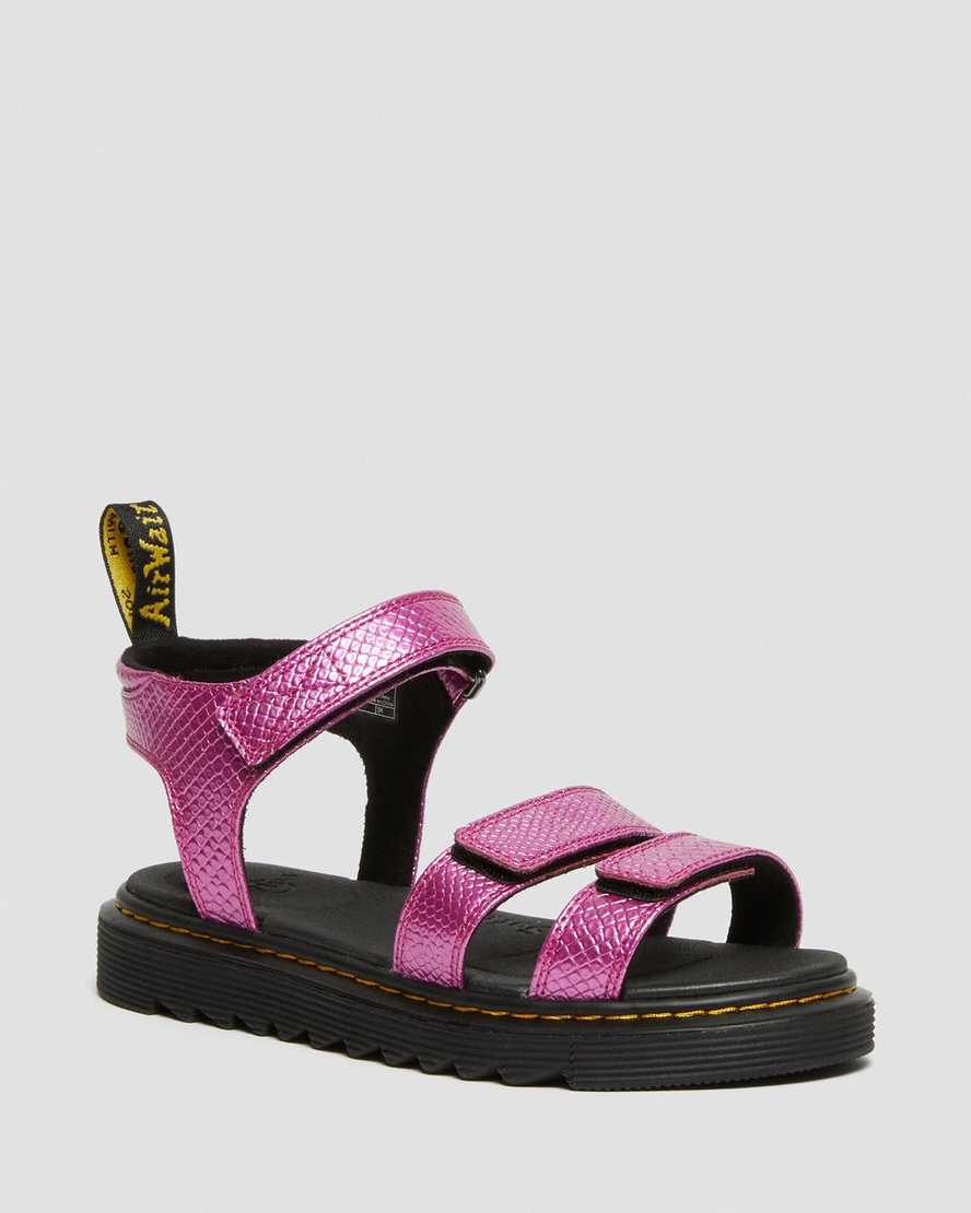 pinke dr. martens klaire kindersandalen mit reptilienmuster und riemen
