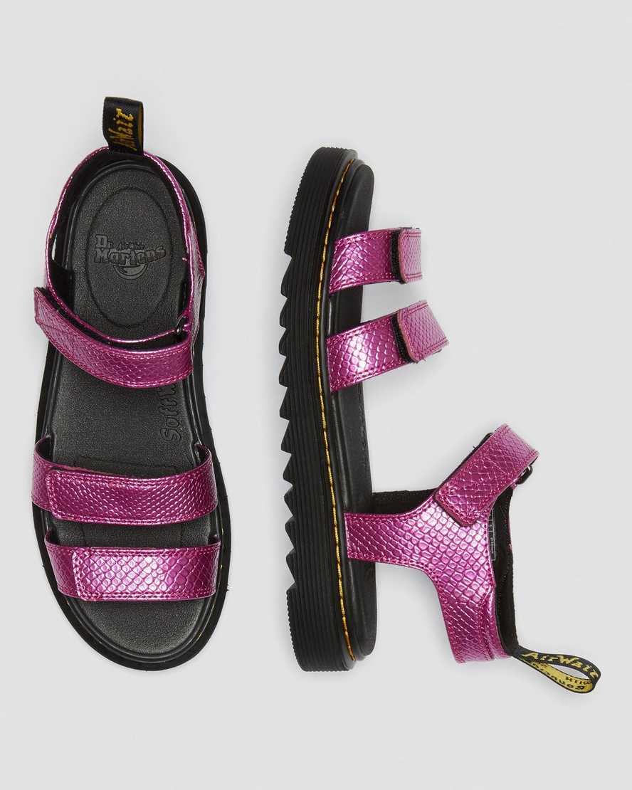 pinke dr. martens klaire kindersandalen mit reptilienmuster und riemen