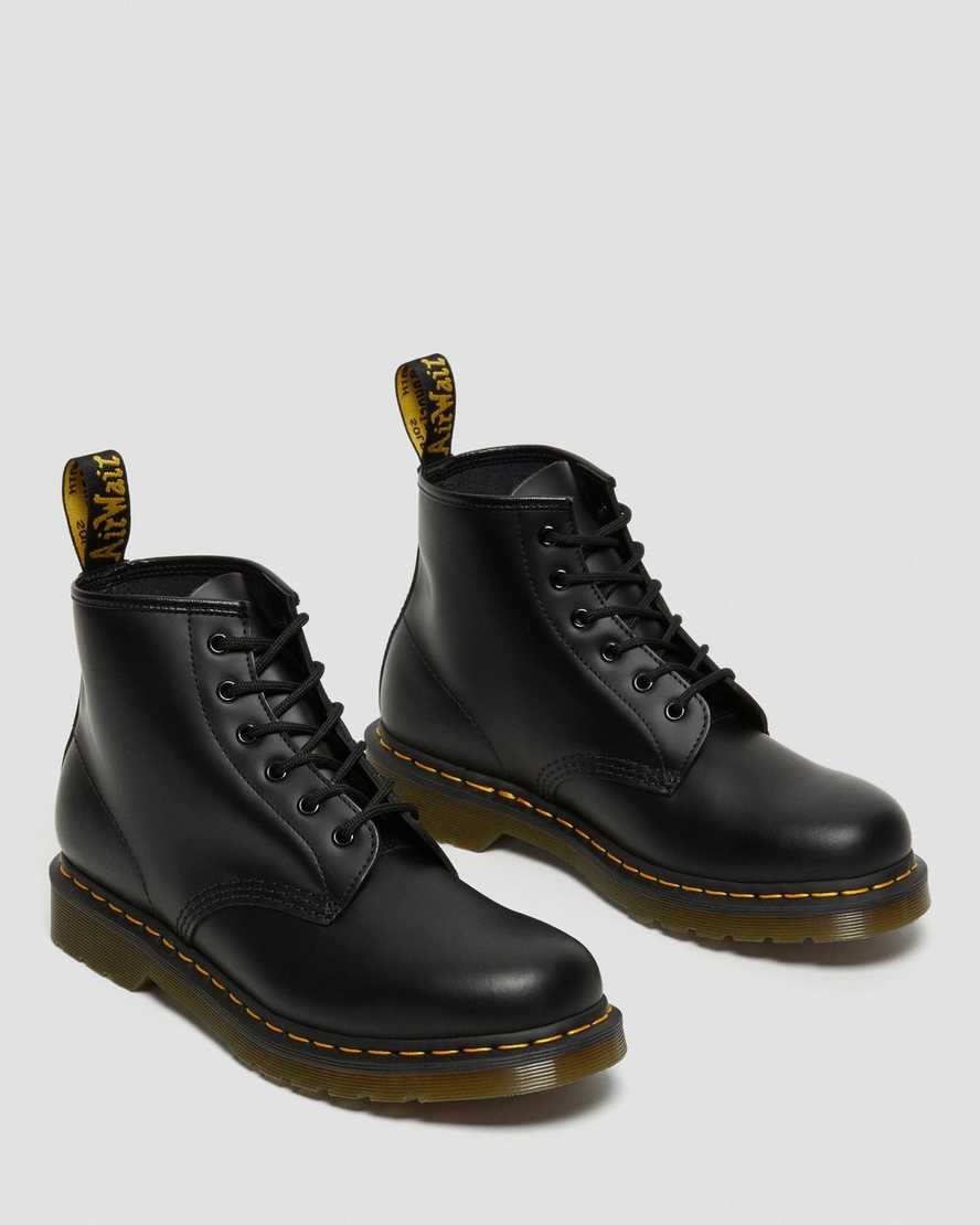 schwarze dr. martens 101 yellow stitch smooth damen-ankle-boots