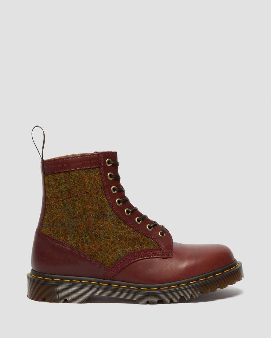burgunderrote dr. martens 1460 harris tweed damen-schnürstiefel
