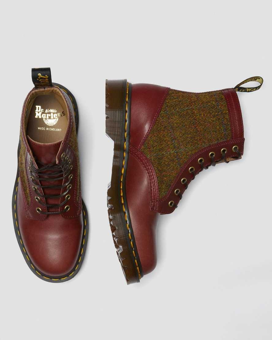 burgunderrote dr. martens 1460 harris tweed damen-schnürstiefel
