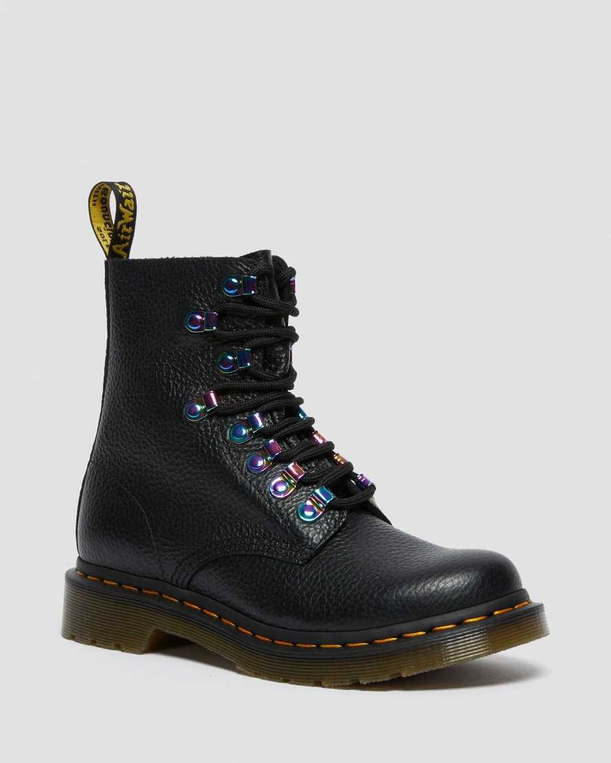 schwarze dr. martens 1460 pascal damen-schnürstiefel mit irisierender hardware