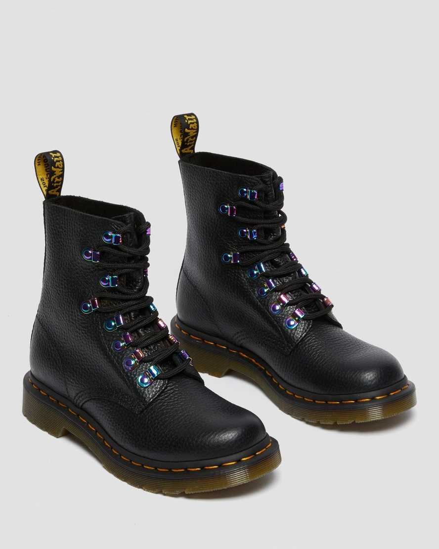 schwarze dr. martens 1460 pascal damen-schnürstiefel mit irisierender hardware