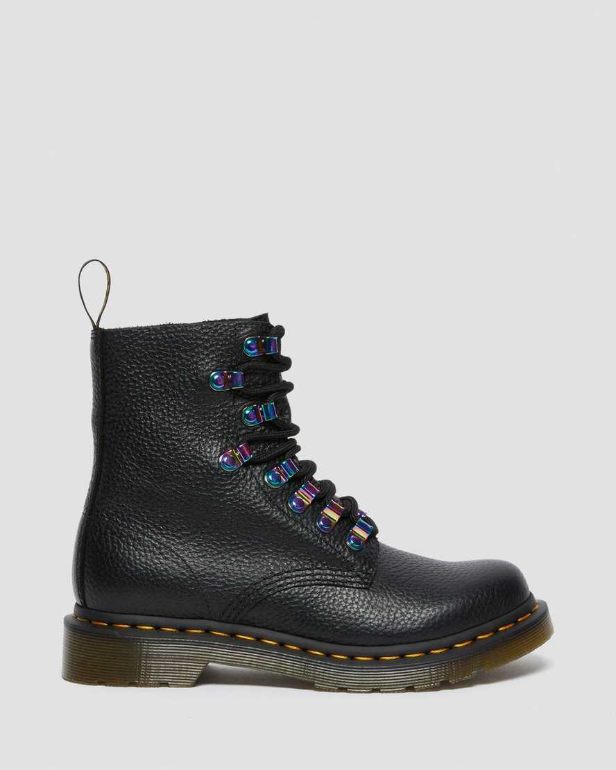 schwarze dr. martens 1460 pascal damen-schnürstiefel mit irisierender hardware