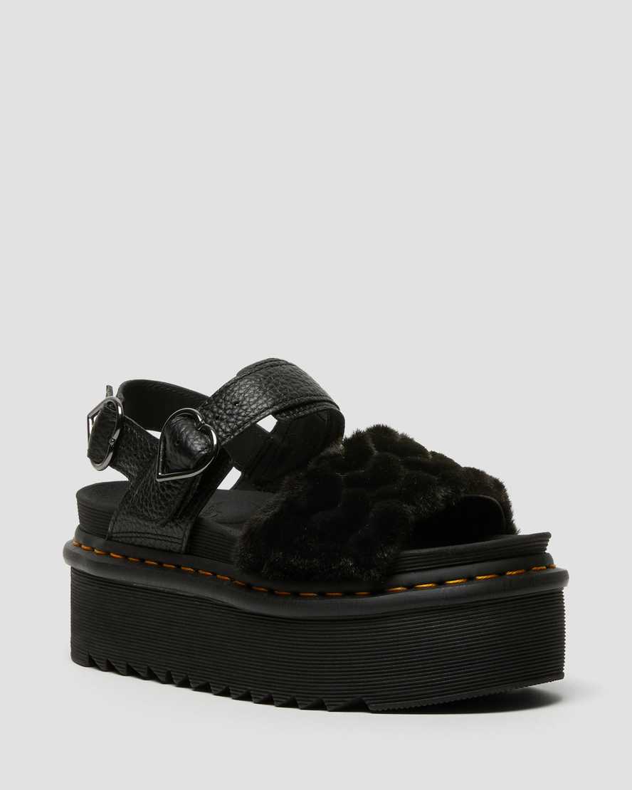 schwarze dr. martens voss plateau-sandalen für damen mit flauschigem kunstfell
