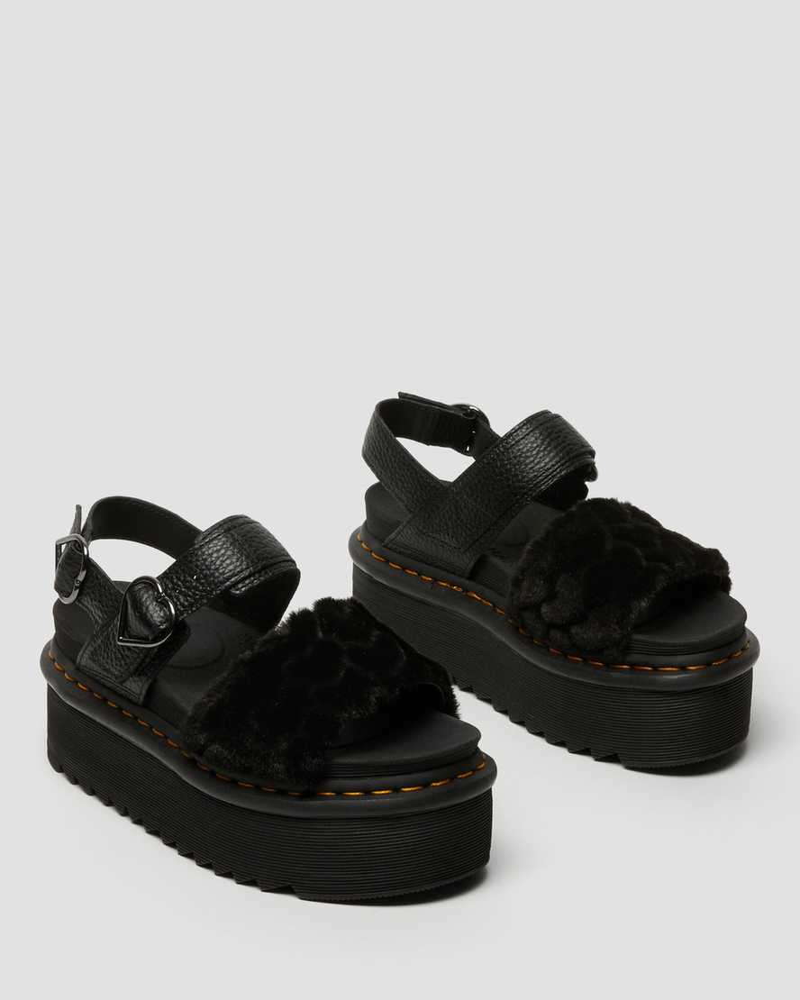 schwarze dr. martens voss plateau-sandalen für damen mit flauschigem kunstfell