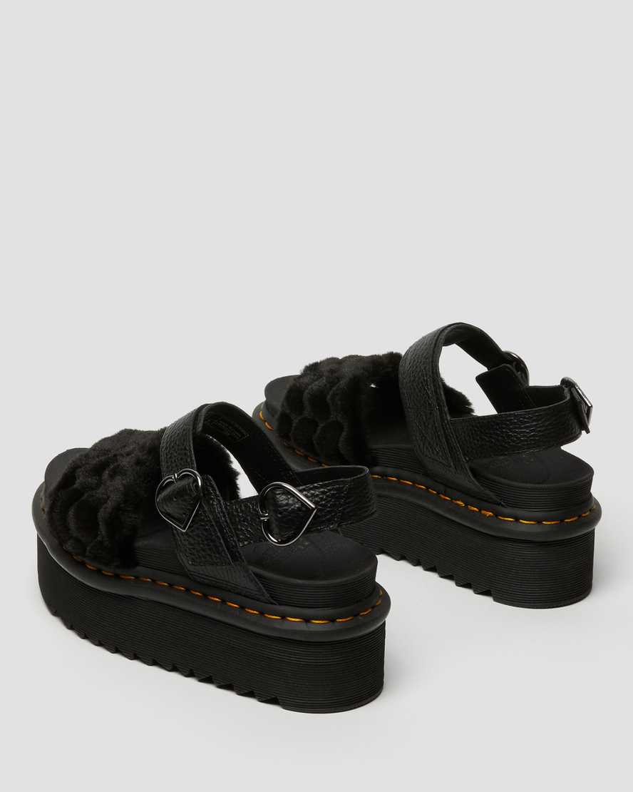 schwarze dr. martens voss plateau-sandalen für damen mit flauschigem kunstfell