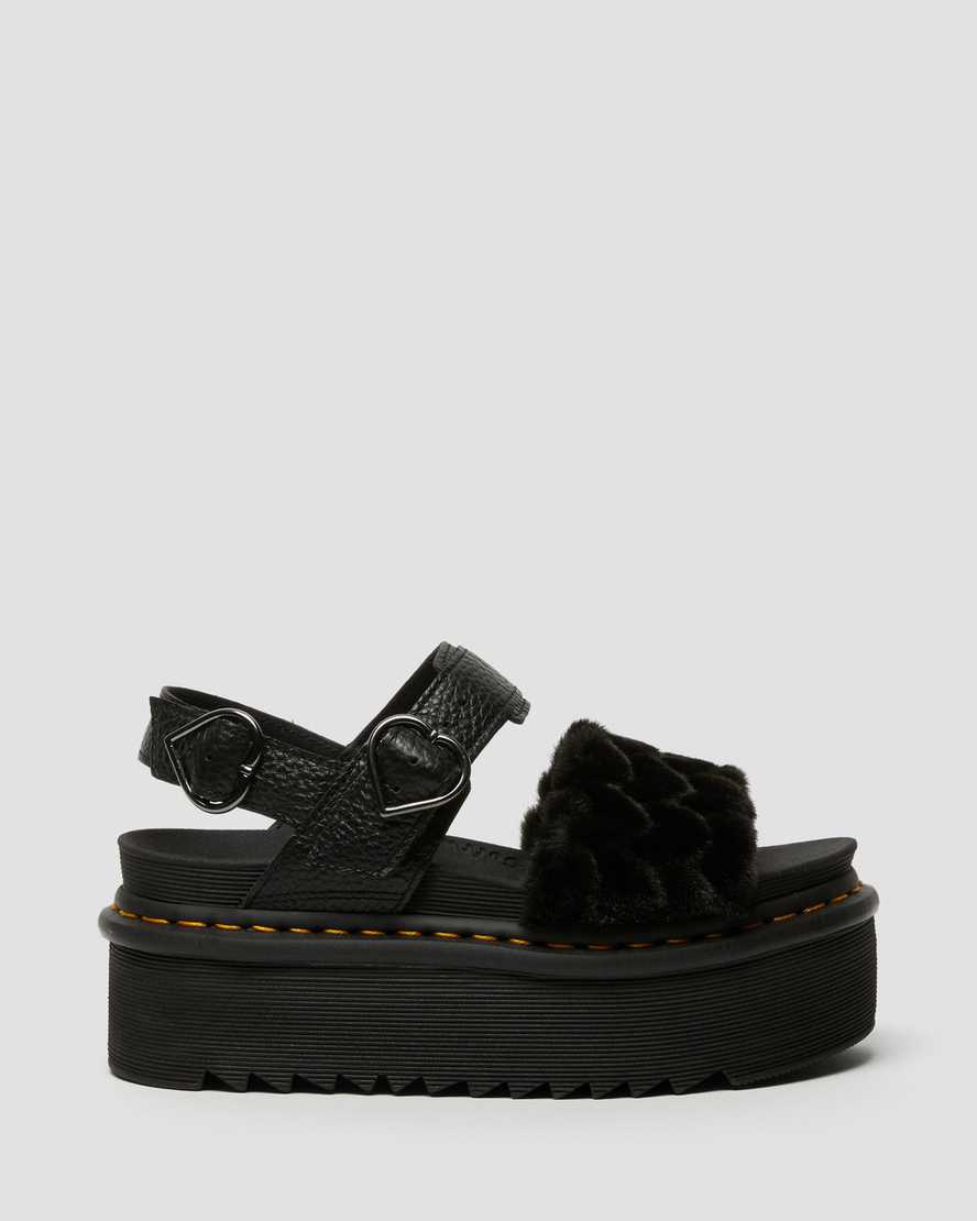 schwarze dr. martens voss plateau-sandalen für damen mit flauschigem kunstfell