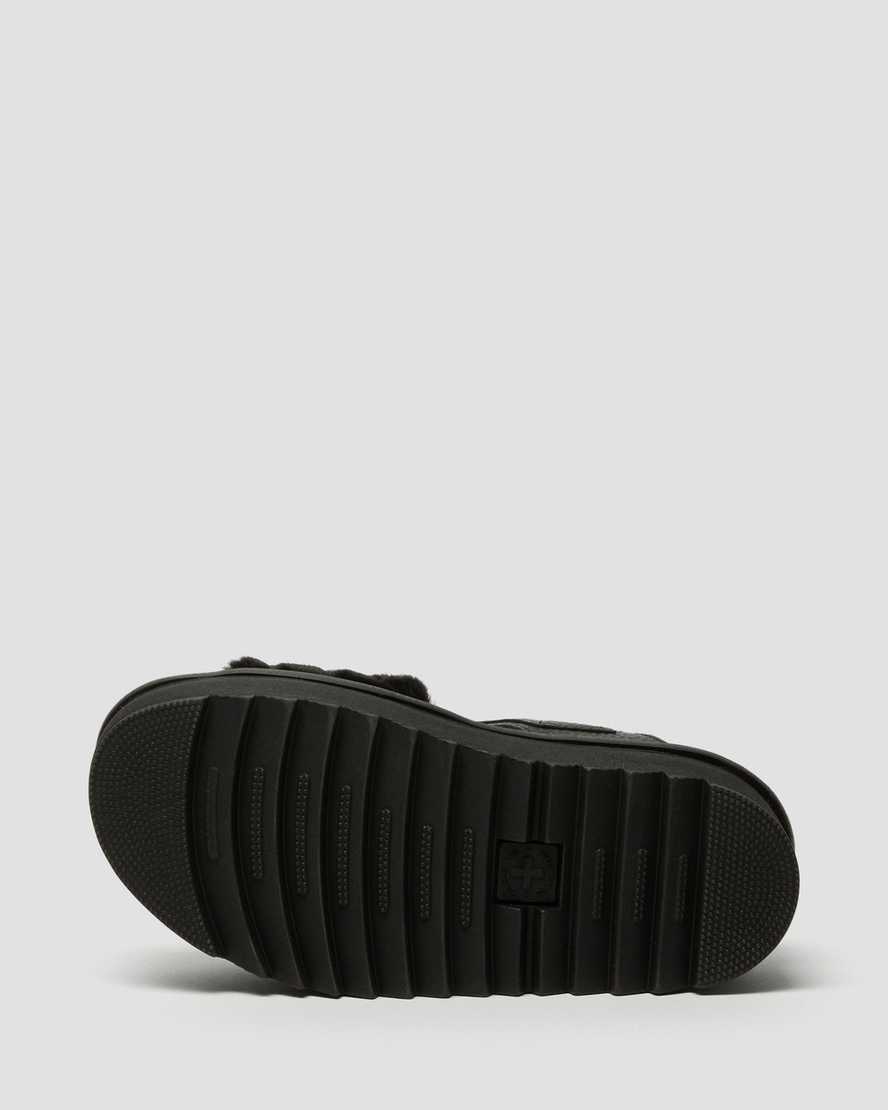 schwarze dr. martens voss plateau-sandalen für damen mit flauschigem kunstfell