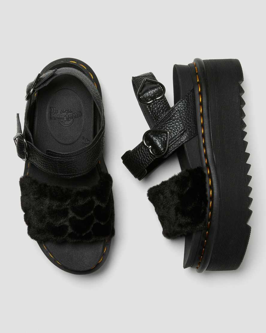 schwarze dr. martens voss plateau-sandalen für damen mit flauschigem kunstfell