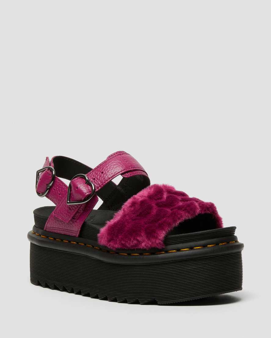 pinkfarbene dr. martens voss plateau-sandalen aus flauschigem kunstfell für damen