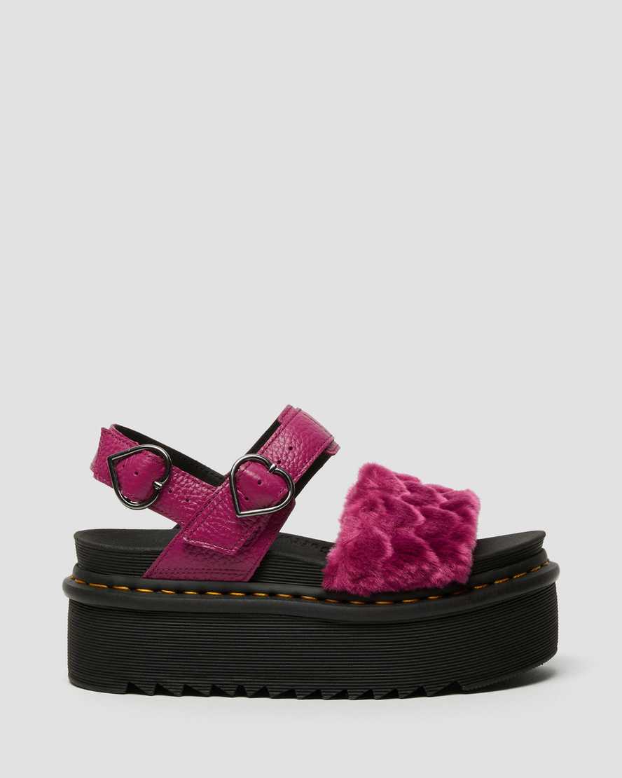 pinkfarbene dr. martens voss plateau-sandalen aus flauschigem kunstfell für damen