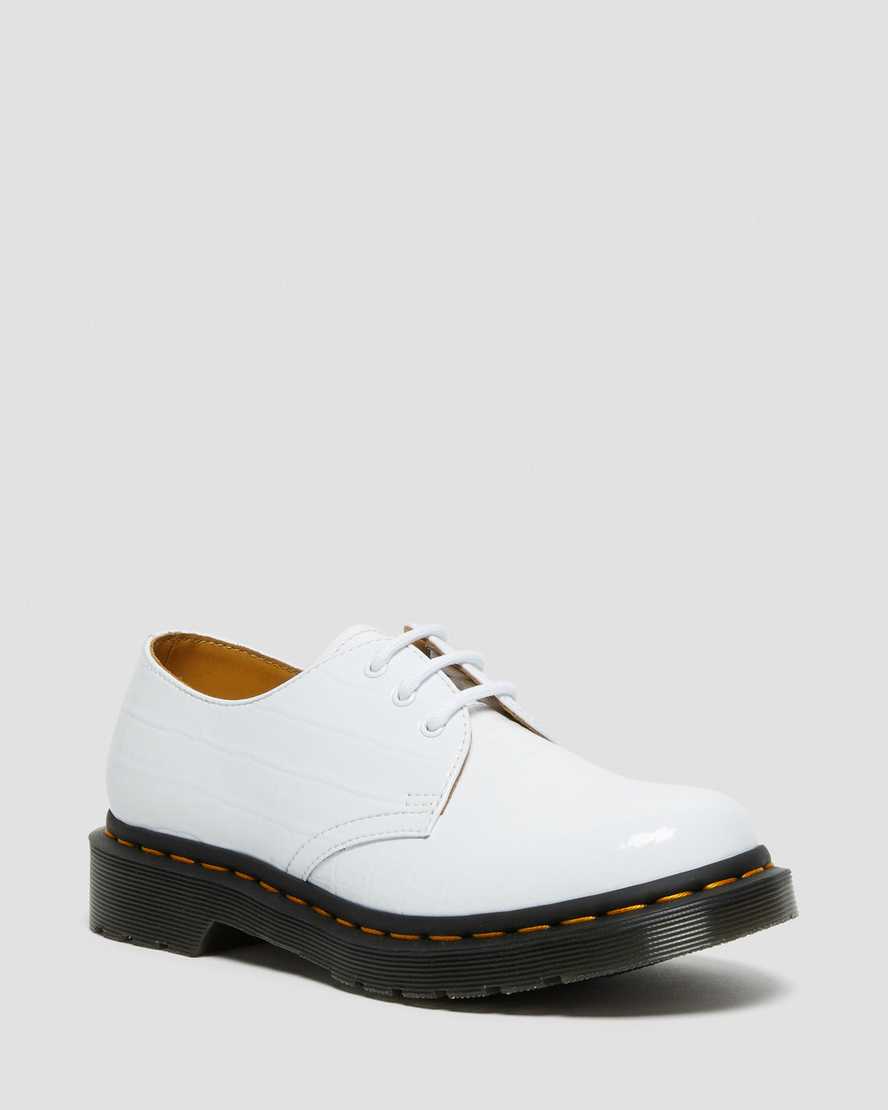 weiße dr. martens 1461 lacklederschuhe mit krokodilprägung für damen