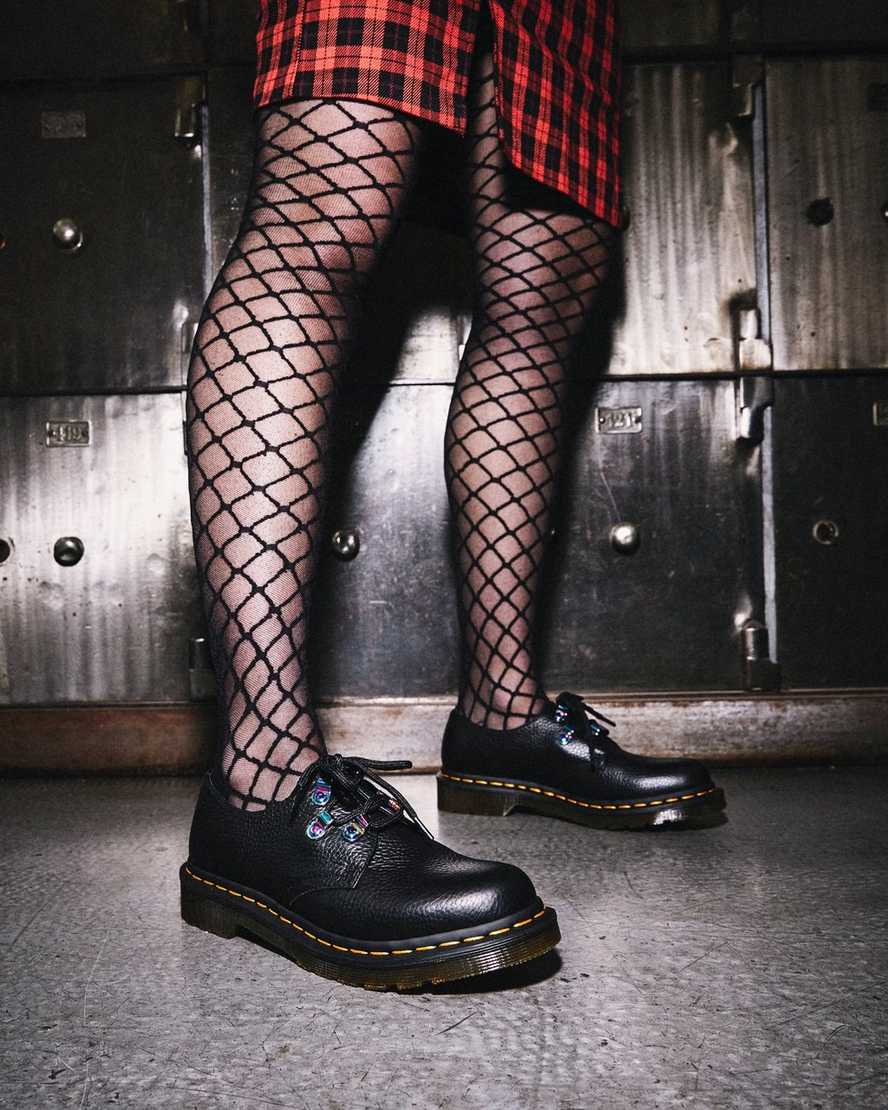 schwarze dr. martens 1461 damen-schnürschuhe mit irisierender hardware